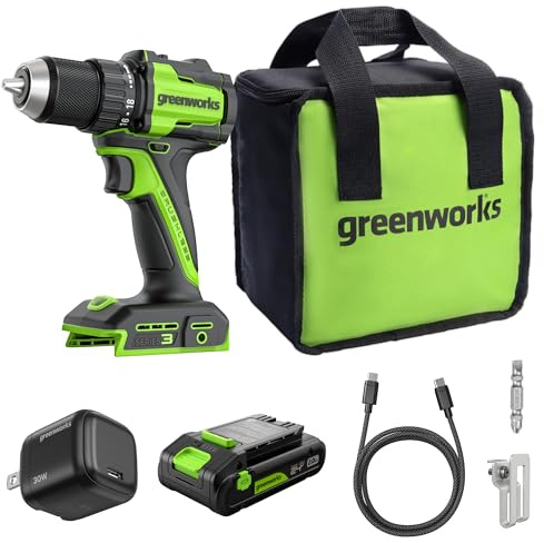 Greenworks 24V Akku-Bohrschrauber Bürstenlos 45 Nm, Leichtgewicht, LED-Licht, 18+1 Drehmomentstufen, inkl. 2.0Ah USB-C Akku (12.000 mAh Powerbank) & 30W USB-C Ladegerät DD345