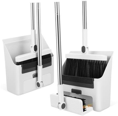 Alipis 3-in-1 White Plastic Broom and Dustpan Set 4 Handle Rods and 1 Curved Grip, Standing Dustpan and Indoor Outdoor Floor Brush Combination for Household Cleaning