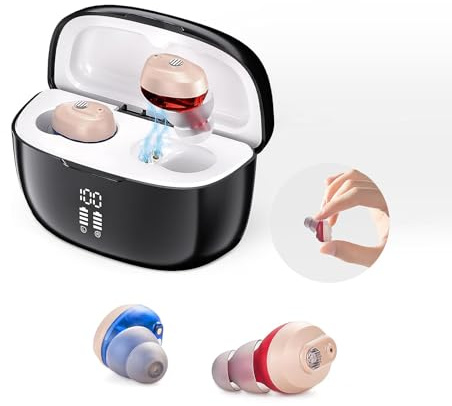 Rechargeable Sound Device for Seniors & Adults with Battery level display, In-Ear Invisible Design, Intelligent noise reduction, Mobile Charging Box (Black)