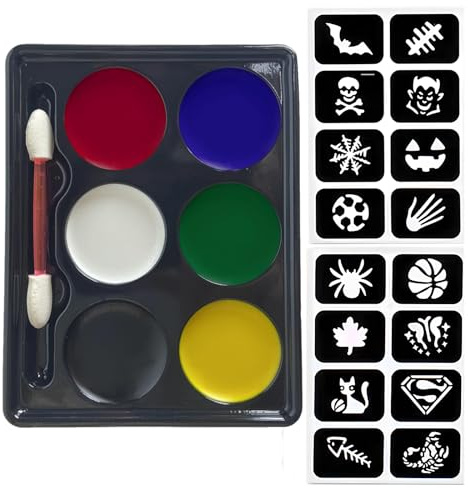 Pintacaras infantil Kit de 6 Colores con 1 Pincel y 16 Plantillas, Pinturas Cara para Niños Lavables Hipoalergénico No Tóxica para Halloween, Carnaval Adultos y Niños Maquillaje Corporal Seguro