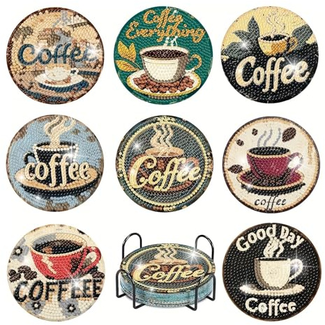 8 Pcs Diamond Art Coasters, DIY Coffee Diamond Painting Coasters, Art Kits Adults with Holder