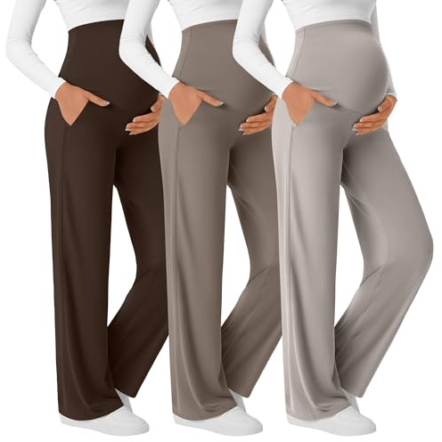 Velvelhall 3 Pack Women's Maternity Yoga Pants Lightweight Over The Belly Pregnancy Pants Wide Leg Stretchy Lounge Trousers(X-Large,Brown, Light Coffee, Cream Gray)