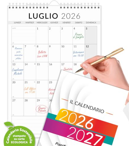 Calendario 2026-2027 da Muro e Tavolo | Planner Mensile 18 mesi | da Appendere | Formato A4 VERTICALE - 21x30 cm | Gennaio 2026 – Giugno 2027