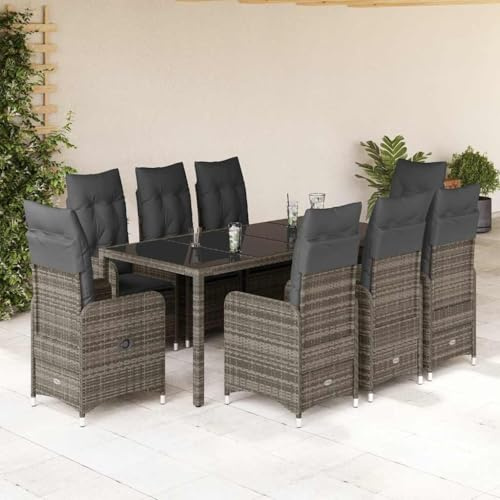 Ziaphsol Ensemble bistro de jardin de 9 pièces avec coussins gris en polyrotin - Fauteuil de relaxation réglable - Table en verre résistant aux UV - Pour balcon, terrasse, meubles d'extérieur