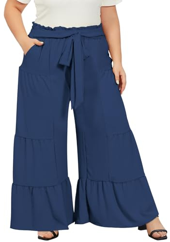 Moon Wood Pantalones Palazzo Mujer Verano Boho Pantalón Ancho Mujer Cintura Alta Elástica con Volantes y Bolsillos Tallas Grandes