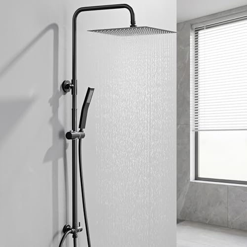 Auralum Colonna Doccia senza Miscelatore, Colonna Doccia Nera con Saliscendi Doccia Regolabile 72-110cm, Saliscendi Doccia Acciaio Inox con Soffione 30cm*30cm, Asta Doccia con Soffione e Doccetta