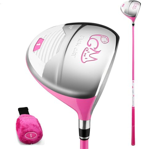 Club de golf de madera para niños #1W/#5W, hierro híbrido con eje de carbono y cubierta para la cabeza, para niños y niñas (para edades de 9 a 12 años, rosa (1W))