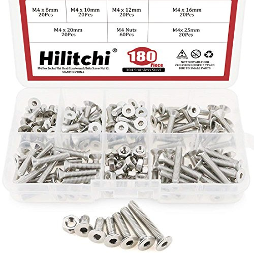 Hilitchi 180-Piece Metric M4 Hex Socket Flat Head Countersunk Bolts Screw Nut Assortment Kit - 304 Stainless Steel
