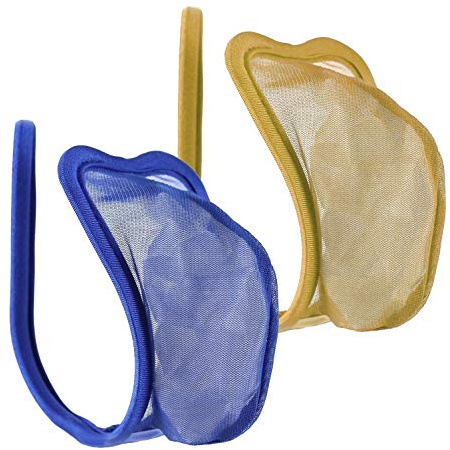 lau-fashion Set di 2 stringhe a C, nero, perizoma blu, trasparente, da uomo, a rete, biancheria intima S/M/L, blu, beige, 48-58