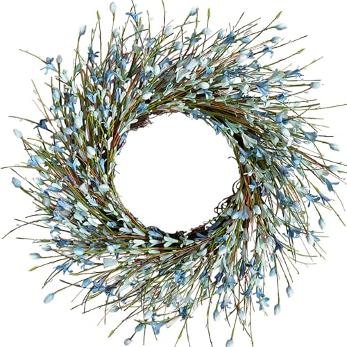 Bibelot 20inch Artificial Forsythia Flower Wreath, All Year Around Wreath for Front Door, Wedding Window Home Wall Indoor Front Door Decor (Blue, 20in)