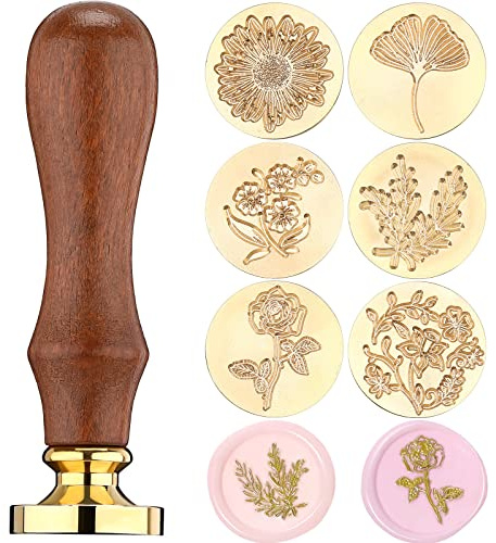Chrisfall 6 Pcs Wax Seal Stamp Kit Flower Sealing Wax Stamps with Removable Wooden Handle, Brass Botanical Floral Stamp Kit for Easter, Wedding Invitation, Envelopes, Gift Packaging(Fresh Style)