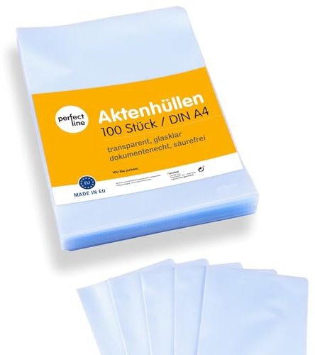 perfect line - 100 Aktenhüllen DIN-A4-80 my, transparent, glasklar - dünn, leicht & platzsparend - Top Qualität - dokumentenecht, säurefrei