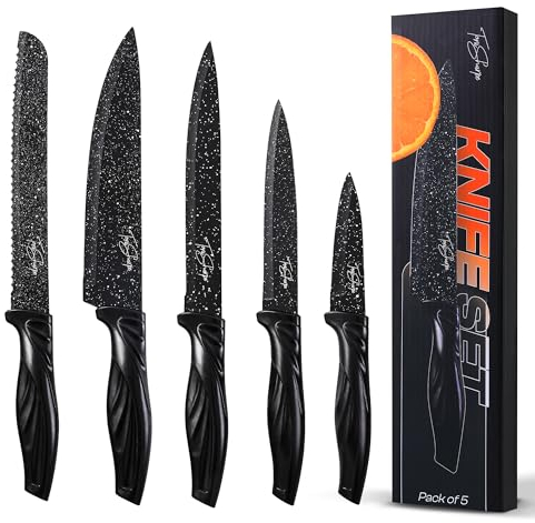 Toni Sharpe Kitchen Knife Set of 5 Black Dotted Knives with Ergonomic Handle - Stainless Steel Chef, Carving, Bread, Utility and Paring Knife for Cooking and Baking