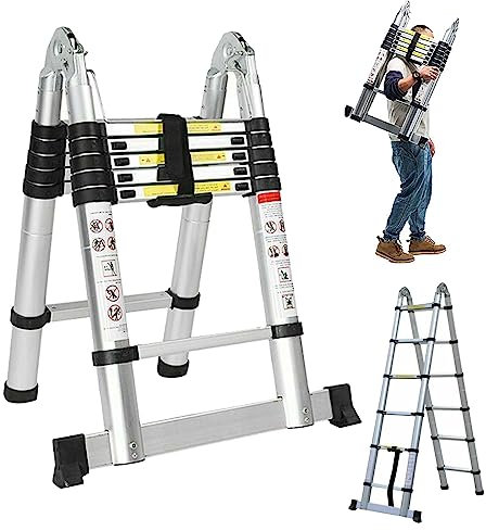 Prolunga telescopica per scale pieghevoli in alluminio, 1,9 m + 1,9 m, telaio ad A, 3,8 m, scala dritta, telescopiabile, portatile, versatile, con barra stabilizzatore per la manutenzione degli