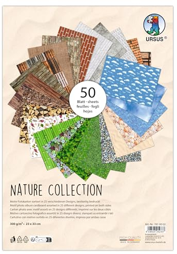 Ursus 7810002 - Fotokarton, Nature Collection, 50 Blätter, ca. 23 x 33 cm, 300 g/m², beidseitig bedruckt mit 25 verschiedenen Motiven, aus Frischzellulose, zum vielseitigen Basteln