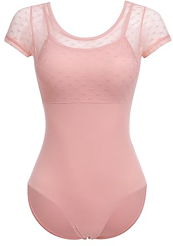 IMEKIS Damen Ballett Trikot Kurzarm Blumenspitze Ballettanzug Einfarbig Gymnastik Trikots mit Abnehmbaren BH Pads Einteilig Tanz Body Sportlich Rückenfrei Ballerina Tanzkleidung Kostüm Rosa S