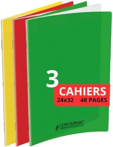 Conquérant Lot de 3 Cahiers Classique 24x32 cm Grands Carreaux Seyès 48 Pages Agrafées, Couleurs Assortis