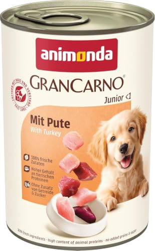 animonda GranCarno Hundar våtfoder med kalkon (6 x 400 g), valpfoder vått utan spannmål för unga hundar, med färska köttiga ingredienser, junior hundfoder