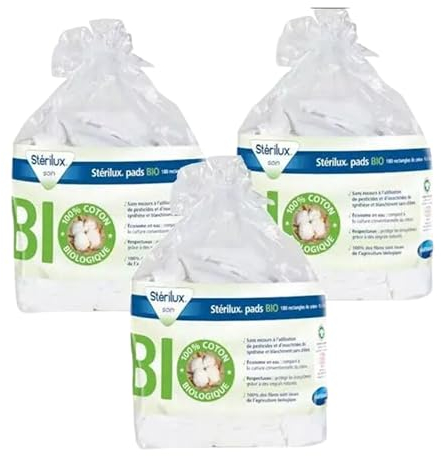 Stérilux Pads Bio Rectangles Coton | Parfait pour les soins de l'hygiène du visage et de la peau | Ne peluche pas | 100% et Bio | Fabriqué en France | Lot de 3x160 unités