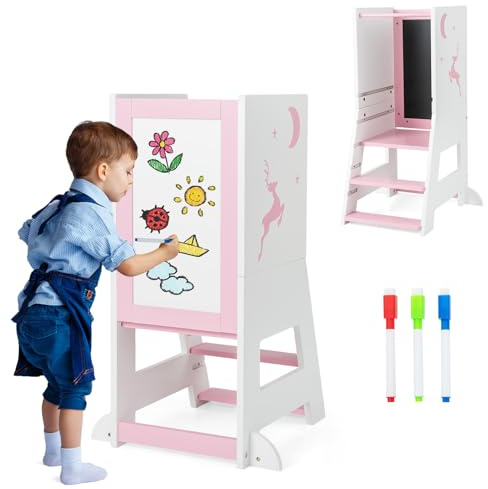 COSTWAY Tour d'apprentissage Enfant avec Hauteur Réglable & Tableau, Tour d'Observation Montessori en Bois avec Rail de Sécurité & Pieds Anti-Bascule, Charge 70kg pour Enfant de 1-7 Ans (Rose)