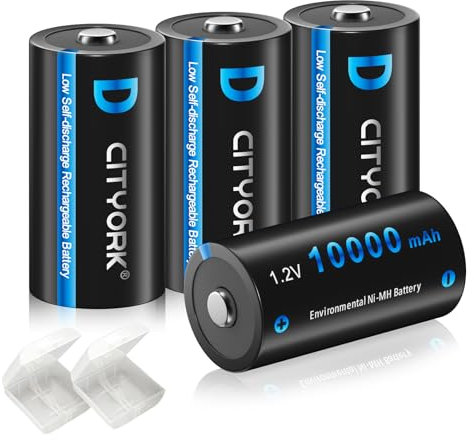 CITYORK 4 Pack Rechargeable D Batteries, 1.2V Ni-MH 10000mAh High Capacity D Cell Battery Low Self Discharge, Pre-Charged，D Size Rechargeable Household Batteries, Pack of 4 (Battery Case Included)