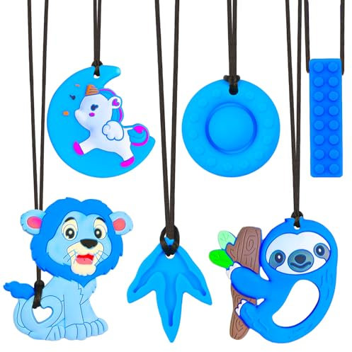 Kaukette für Kinder-6PCS, Beißring Baby Spielzeug, Kauspielzeug baby, ADHS Sensory Chewy Halskette set, 100% Silikon BPA-frei Baby Zahnungshilfe für 0-6-12 Monate (Blau)