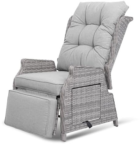 COMLAX FIELD Liegestuhl Garten mit Sitzkissen, Verstellbare Gartensessel Wetterfest, Loungesessel Outdoor, Gartenliege und Sonnenliege aus Rattan, Relaxliege Garten, Hellgrau