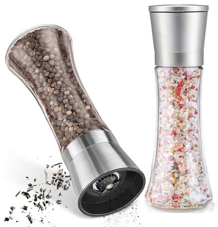 Set macinapepe e macinasale 2 pezzi – Macinino per spezie in vetro e acciaio inox di alta qualità con macina in ceramica regolabile – Macinasale per cucina e tavola
