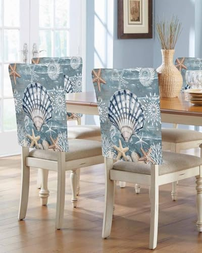 Wowouhiya Blue Shell Coastal Chair Covers Set of 4 for Dining Room, Summer Beach Chair Back Cover, Nautical Starfish Ocean Coral Removable Kitchen Chair Slipcovers Seat Protector for Party Banquet