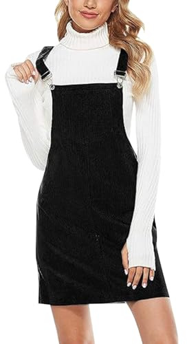 Overol de pana con peto, vestido de mujer sin mangas, falda lisa, casual, mini vestido de cuello cuadrado, pana, bolsillo frontal, tirantes anchos, vestido corto de invierno para mujer, Negro, S