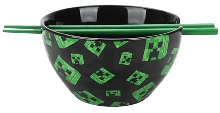 Bioworld Minecraft Creeper Faces 20 Oz Black Ceramic Ramen Bowl With Plastic Chopsticks