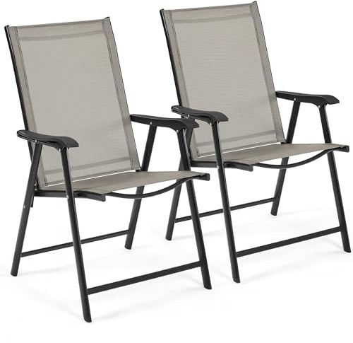 Yaheetech Folding Garden Chairs with High Back, Steel Frame, 2-Pack, Brown | Chairs with Backrest and Armrests | Portable & Compact Storage | Portable Compact Storage | For Home, Office, Dining, Event