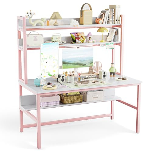 Aquzee Pink Girls Desk with Hutch, 55in Computer Desk with Bookshelf for Teens Adults, Craft Table for Bedroom Kids Room, White Pink Study Table with Shelves for Storage