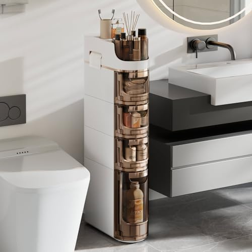 VECELO 4-Tier Slim Bathroom Storage Cabinet with Wheels, Skinny Bathroom Storage Cabinet with Drawers, Toilet Paper Holder, Movable Narrow Floor Cabinet for Small Space, Bathroom