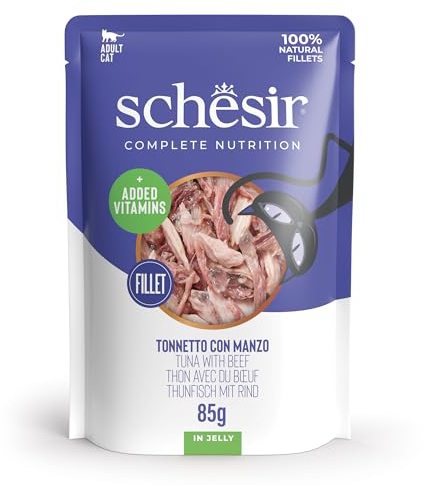 Schesir Atún con Ternera en Gelatina, Comida Húmeda Completa para Gatos, en Bolsas, 100% Natural, con Vitaminas Añadidas, 12 x 85g
