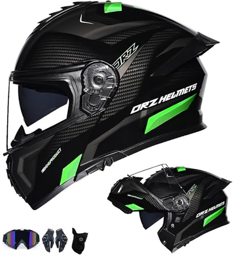 WMDMJT Casco de Moto Modular Integral con Doble Visera – Casco Abatible para Hombres y Mujeres Adultos, Forro Desmontable, con Gafas, Guantes y Mascarilla,Green-M