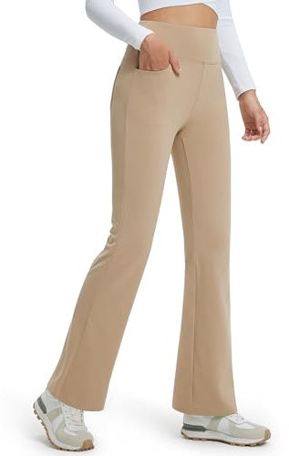 Comallan Thermo Flare Leggings Hiver Repoussant l'eau Taille Haute Douillettes Polaire Pantalon de Yoga Thermique Pantalon de Sport avec Poches pour Fitness Sport Jazzpants Yoga, Kaki XL