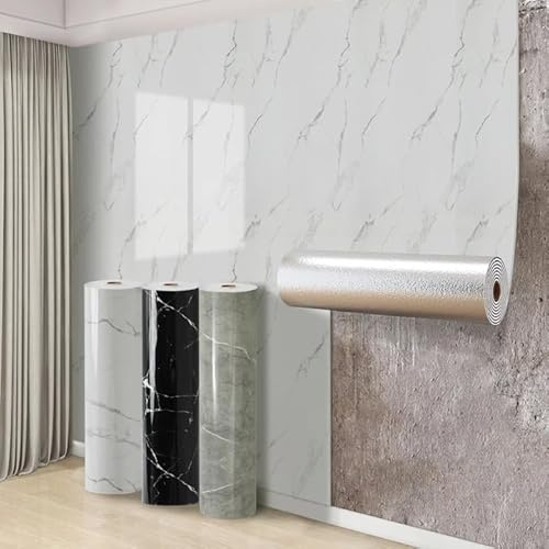 Swehooirt 3 Roll Self Adhesive Thermal Wallpaper 2.3mm Thick White Marble Vinyl Peel and Stick Wallpaper for Bad Cold Walls Insulating Wall Covering Roll Waterproof Damp Proof Kitchen Bathroom
