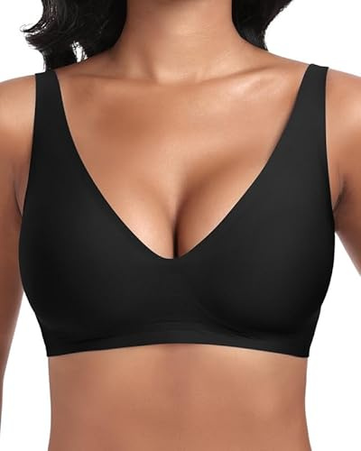 Cavotor Deep V Wireless Bras for Women Comfort Support Seamless Soft Padded Jelly Bra for Small and Large Breasts Smooth Bralette with Extra Extender (Black,XL)