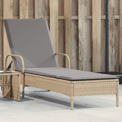 Teenpull Solstol med hjul och dyna beige poly rotting, 61 x 200 cm justerbar trädgårdsstol, UV-beständig, med kudde, för terrass, pool, balkong