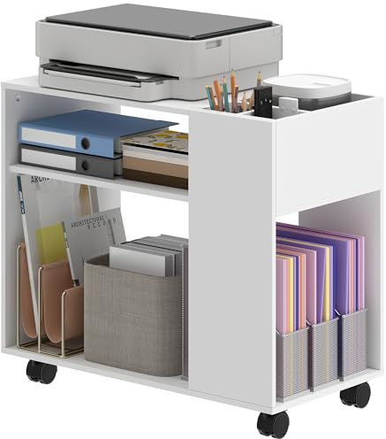 HOMCOM Mueble para Impresora con Ruedas, Soporte de Impresora con Compartimentos Superiores, Estantes Abiertos, para Oficina, Hogar, Estudio, 70x36x60 cm, Blanco