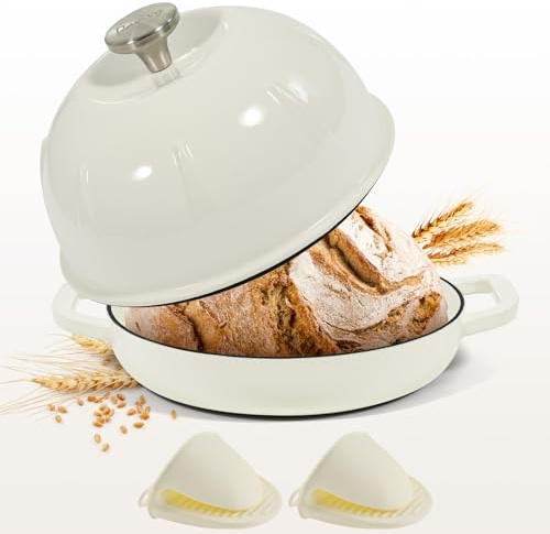 Davivy Forno olandese in ghisa smaltata da 5 l, per pane a lievitazione naturale, pentola olandese con coperchio a cupola, pentola per il pane in ghisa, con impugnatura in silicone, bianco