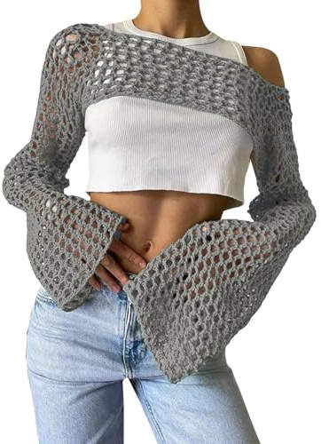 Nättopp för damer, långärmad nätvirkad crop top, ihålig, skuren stickad | Tröja transparent cover up stickad tröja festival outfit virkad tröja topp streetwear bikini