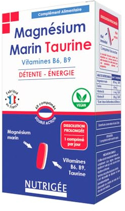 NUTRIGÉE - Magnésium Marin Taurine - Détente & Énergie - Réduit la Fatigue, Favorise L'Équilibre Psychique et un Système Nerveux Normalisé - 60 Comprimés - Programme de 60 Jours - Fabriqué en France