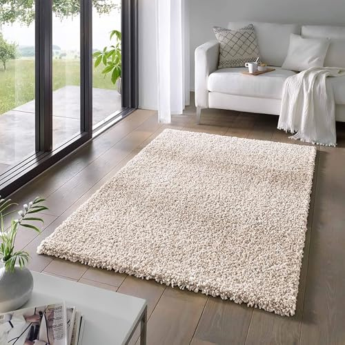Taracarpet Shaggy Teppich Wohnzimmer Venezia Hochflor Langflor Teppiche modern Creme 060x090 cm