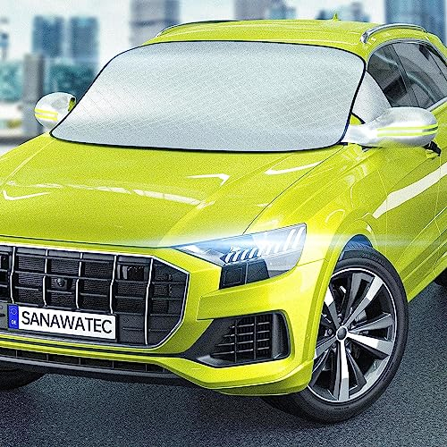 SANAWATEC Windschutzscheibe Sonnenschutz Auto Frontscheibe Hitzeschutz Sonnenschutz Frostschutz Frontscheibe faltbar, gegen Sonne Staub Frost Schnee (mit Spiegelschuz) (155,5-233) x 128 cm