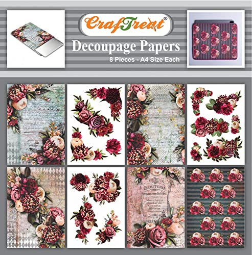 CrafTreat Blommigt decoupagepapper för möbler - dekorativa blommor 4 - Storlek: A4 (20,3 x 31,7 tum) 8 st - decoupage pappershantverk - dekorativt papper för decoupage-decoupage papper blommor för
