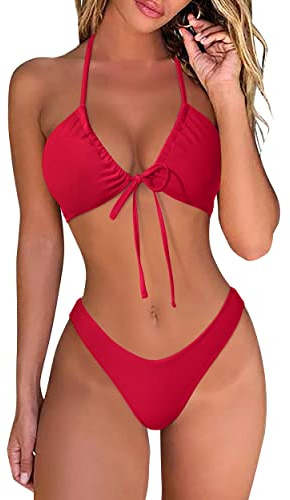 RXRXCOCO Women's Bikini Sets Halter Push Up Triangle Bikini Bow Tie Back Low Waisted Sexy Thong Bikini Swimsuits for Women 2 Pieces