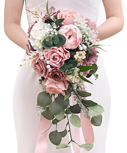 Serwalin 9.8 Inch Wedding Bouquets for Bride Bridesmaid, Dusty Pink Peonies Bridal Bouquets for Bride, Wedding Flowers Bouquet Tossing Bouquet, Wedding Ceremony and Anniversary Day Decor