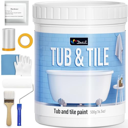 DWIL Tile Paint, Tub and Tile Refinishing Kit with Tools, Water-based Bathtub Paint - Low Odor, Easy to Use, 25-30sq.ft, 16.5oz, Semi-Gloss White